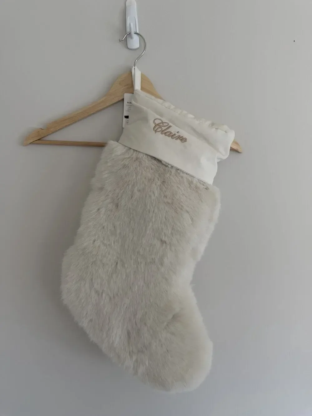 Pottery Barn Alpaca Faux Fur Stocking LARGE 24.5”, Ivory, Monogram “Claire” NWT